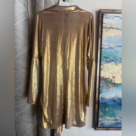 Norma Kamali TY Tie Front NK Metallic Gold Shirt Mini Dress Long Sleeve Sz Small - Picture 8 of 13